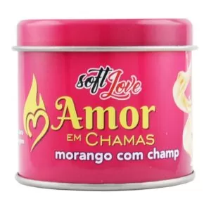 Amor em Chamas Vela MORANGO COM CHAMPANHE Hot Beijável 50g Soft Love - Sex shop